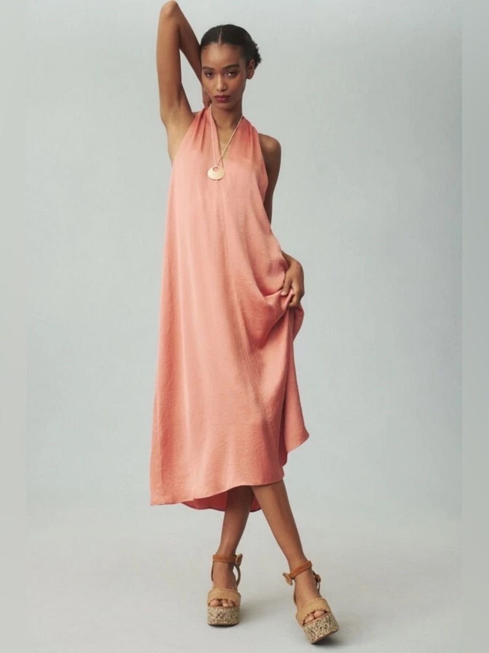 Anthropologie Pink Silky Halter Open Back Midi Dress M